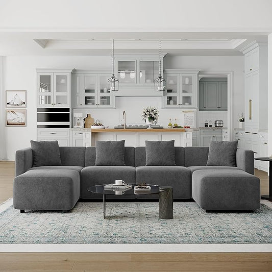 Acanva Convertible Modular Sectional Sofa, Modern Linen-Like Fabric Living Room Furniture Set with Reversible Chaise Lounge, Grey U-Shape Couch