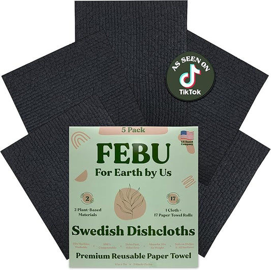 FEBU Swedish Dishcloths for Kitchen 5 Pack Black Reusable Washable Absorbent Dish Towels