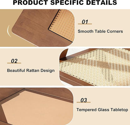 Mid Century Modern Coffee Table with Glass Top and Rattan Storage Shelf, Rectangular Walnut Wooden Coffee Table, Unique Center Tables for Living Room Apartment Home, 47.2 Inch