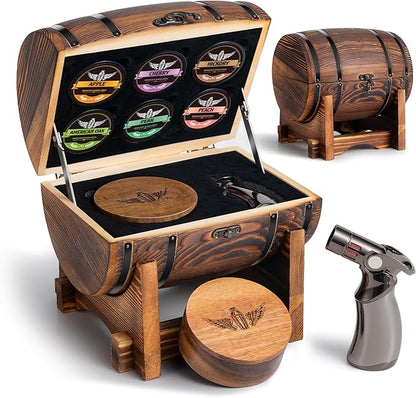 Whiskey Smoker Kit with Charred Wood Barrel (Patent Pending) – Cocktail Smoker with Torch & 6 Premium Wood Chips for Old Fashioned & Whiskey – Perfect Home Bar Gift for Men, Dad, Husband (No Butane)