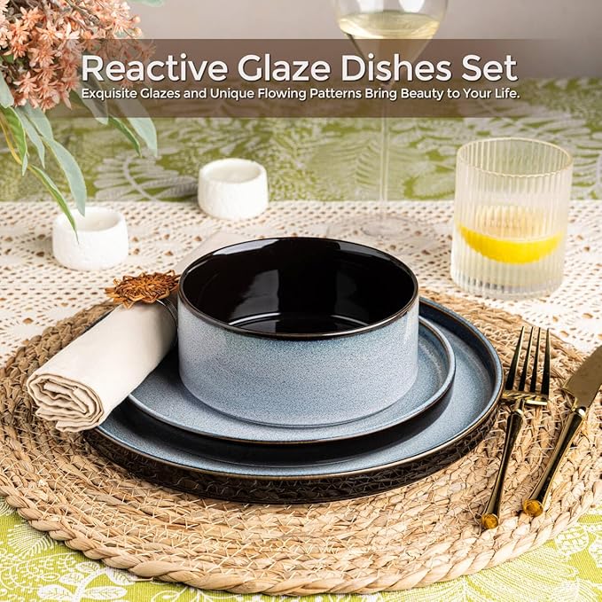 LERATIO Ceramic Dinnerware Sets for 4,Round Reactive Glaze Ceramic Plates and Bowls Set,Highly Chip and Crack Resistant | Dishwasher & Microwave Safe Dishes Set,Service for 4 (12pc)-Gray White