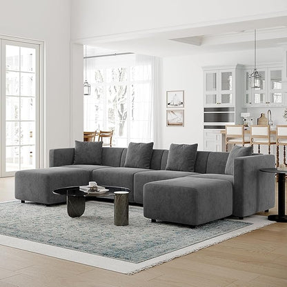 Acanva Convertible Modular Sectional Sofa, Modern Linen-Like Fabric Living Room Furniture Set with Reversible Chaise Lounge, Grey U-Shape Couch