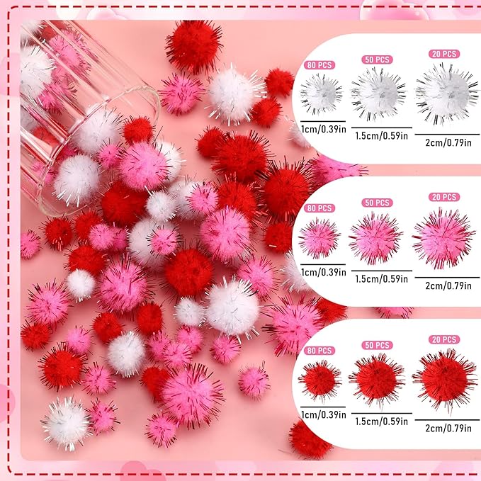 UPINS Valentine's Day Pom Poms Balls, 600 Pieces Pink Red Glitter Pom Poms Mixed Sizes Fluffy Pompoms for Crafts Making DIY Wedding Valentine's Day Party Decorations Supplies (3 Colors)
