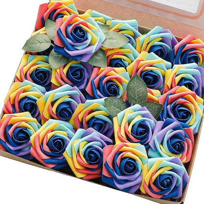 Floroom Artificial Flowers 25pcs Real Looking Whimsical Blue Foam Fake Roses with Stems for DIY Wedding Bouquets Baby Shower Centerpieces Floral Arrangements Party Tables Home Decorations