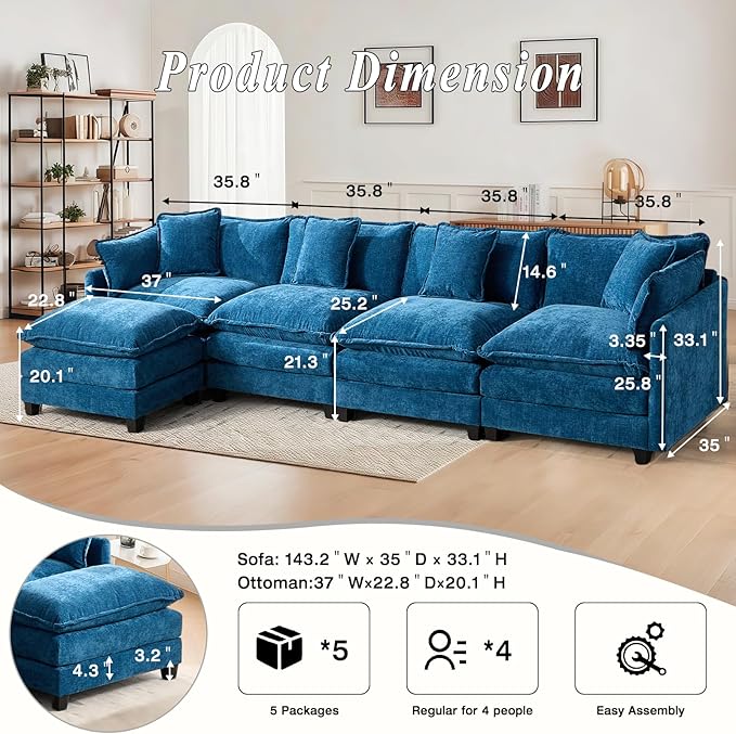 SoarFlash 143.2" Chenille Sectional Sofa, Comfy L Shaped Modular Coush Sofa with Ottoman, Modern 4 Seat Couch Deep Seat Sofa Set for Living Room,Blue