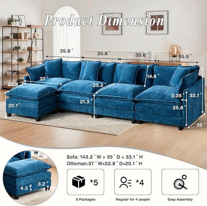 SoarFlash 143.2" Chenille Sectional Sofa, Comfy L Shaped Modular Coush Sofa with Ottoman, Modern 4 Seat Couch Deep Seat Sofa Set for Living Room,Blue