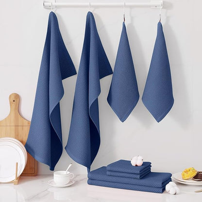 Homaxy 100% Cotton Kitchen Towels and Dishcloths Set, 12 x 12 Inches and 13 x 28 Inches, Set of 8 Bulk Kitchen Towels Set, Ultra Soft Absorbent Dish Cloths for Washing Dishes, Navy Blue