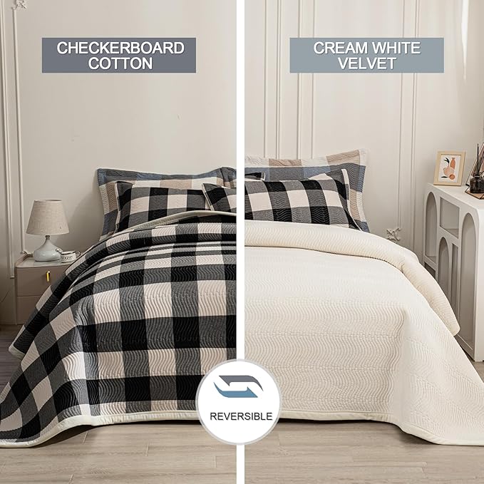 Cotton Plaid Quilt Set Queen 3 Piece Lightweight Reversible Bedding, Grid Black White