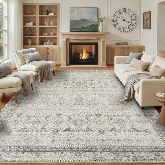 Lofus 9x12 Area Rug for Living Room, White Washable Area Rugs with Non-Slip Backing,Soft Boho Carpets for Bedroom Dining Room Home Office Indoor Nursery