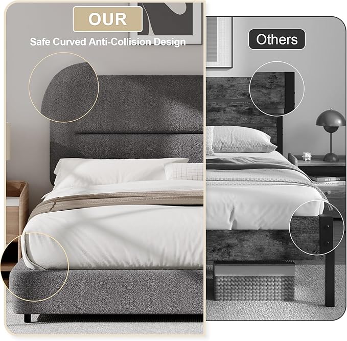 Full Size Boucle Bed Frame, Soft Upholstered Headboard, Thickened Footboard, Rounded Corners, No Box Spring Needed, Easy Assembly, Grey