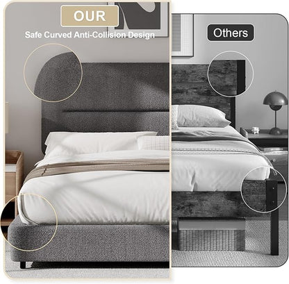 Full Size Boucle Bed Frame, Soft Upholstered Headboard, Thickened Footboard, Rounded Corners, No Box Spring Needed, Easy Assembly, Grey
