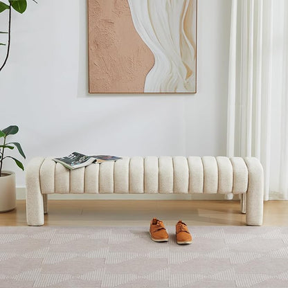 63’’ End of Bed Bench, Modern Linen Entryway Bench, Upholstered Ottoman Stool with Extra Length, Full Coverage Fabrics, Ottoman for Bedroom, Living Room, Dining Room, Beige