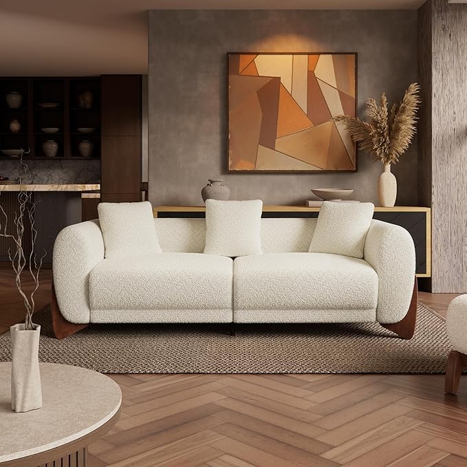 Morden Fort Boucle Sofa, Modern Upholstered Cloud Couch Durable Comfy Boucle Pet-Friendly Sofa Deep Seat with Wooden Leg & Pillow Sofas 3 Seater Couches for Living Room Bedroom Apartment Beige