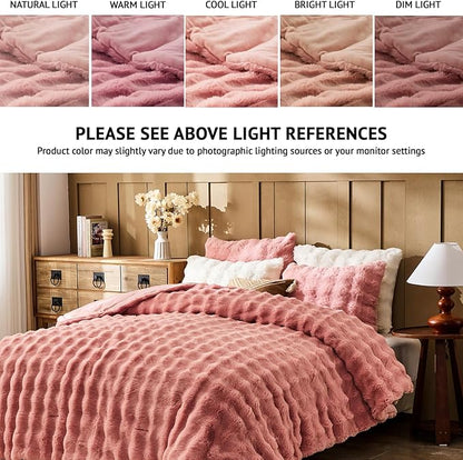 Lotus Karen Faux Fur King Comforter Set – Pink Fluffy Comforter King Size, Big Bubble Faux Rabbit Fur Bedding Comforter Sets, Winter Warm Cozy Fuzzy Bed Set 3 Pieces, 1 Comforter and 2 Pillowcases