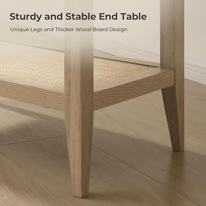 SICOTAS Rattan Nightstands Set of 2 Boho Bedside Tables Narrow End Table Side Table, Light Oak