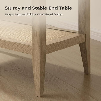 SICOTAS Rattan Nightstands Set of 2 Boho Bedside Tables Narrow End Table Side Table, Light Oak