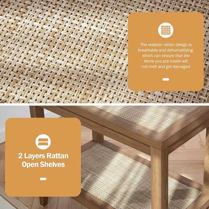 SICOTAS Rattan Nightstands Set of 2 Bedside Table Boho Narrow End Table, Reclaimed Caramel Oak