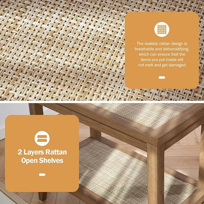 SICOTAS Boho Rattan Nightstand Bedside Table Farmhouse Narrow End Table Accent Side Table, Wood