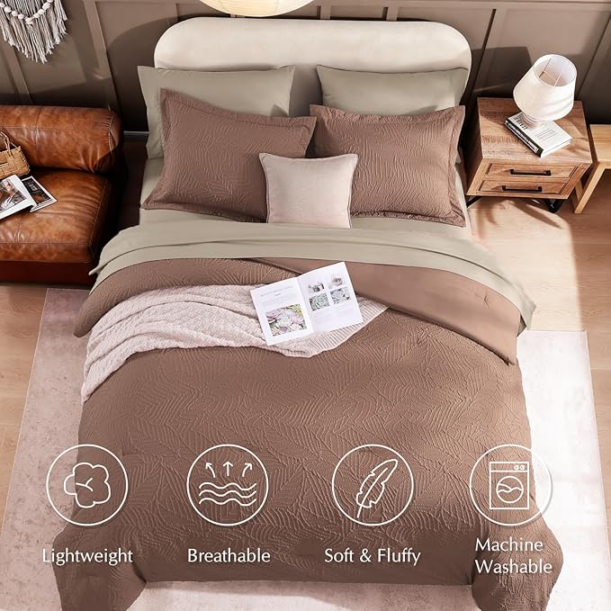 Geniospin King Size Comforter Set - 7 Pieces Brown Textured King Bedding Sets with Comforter, Sheets, Pillowcases & Shams，All Season Brown Bedding