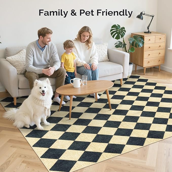 LIVEBOX 5x7 Checkered Rugs for Living Room, Washable Diamond Rug Non-Slip Modern Neutral Geometric Plaid Area Rugs for Bedroom, Low Pile Farmhouse Carpet for Office Kids Room Classroom Dorm, Black