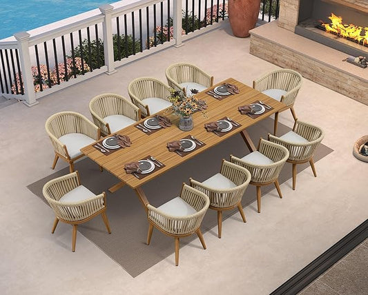 PURPLE LEAF 11 Pieces Outdoor Dining Set with Patio Aluminium Dining Table and Wicker Chairs Modern Furniture Cushions Sets for Backyard Indoor Decor Kitchen Teak