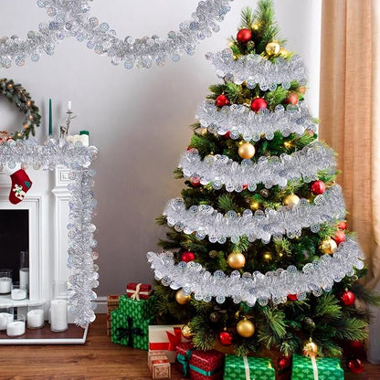 LOAVER 33 FT Christmas Silver Disco Ball Tinsel Garland,Metallic Tinsel Twist Garland Shiny Hanging Decoration for Christmas Tree Disco Party Home Supplies Staircase Railing Indoor Outdoor Decor