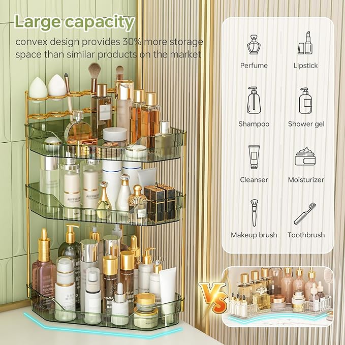Corner Bathroom Counter Organizer with Makeup Brush Holder & Toothbrush Holders, Makeup Organizer for Vanity Countertop, Acrylic Skincare Storage Shelf (Green, 3-Tier)