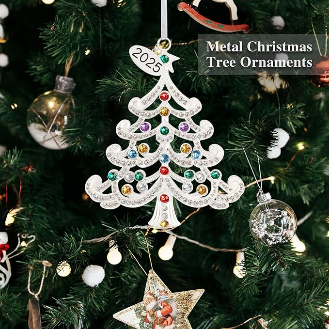 2025 Metal Christmas Tree Ornament Decorations 5" with Colorful Crystals & 2025 Dated Engraved for Keepsake Gifts Holiday Home Party Decor