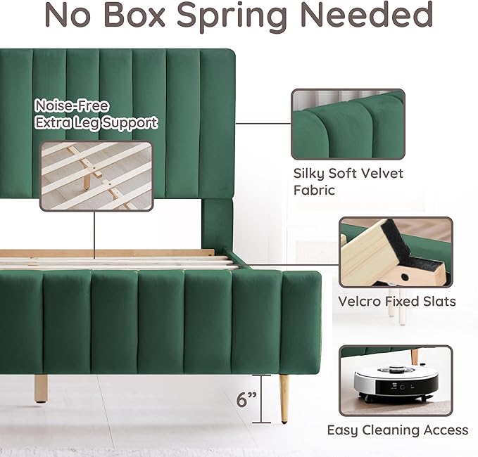Livinia King Size Elton Velvet Platform Bed, Upholstered Bed Frame with Vertical Channel Tufted Headboard Footboard, Strong Wood Slats, No Box Spring Needed, Green (King)