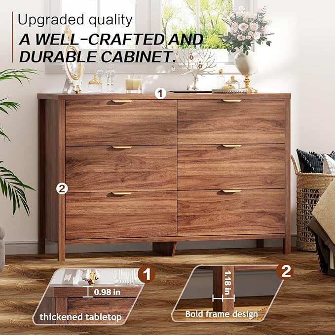 Fluted Dresser for Bedroom with 6 Drawers, 47.2" Modern Chest of Drawers, Dresser TV Stand, Wood Drawer Organizer for Living Room, Hallway, Brown