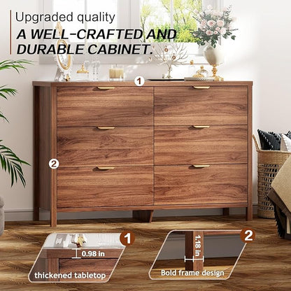 Fluted Dresser for Bedroom with 6 Drawers, 47.2" Modern Chest of Drawers, Dresser TV Stand, Wood Drawer Organizer for Living Room, Hallway, Brown