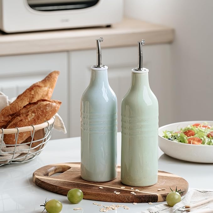 famiware Jupiter 16oz Ceramic Olive Oil Dispenser Bottle, Olive Oil and Vinegar Dispenser Bottle Set of 2 with Stainless Steel Pourers, Suitable for Storage Vinegar, Liquids, Light Blue & Light Green