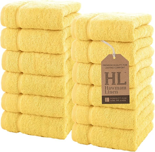 Hawmam Linen Luxury Cotton Washcloths 13x13 Inch Large Hotel Spa Bathroom Face Towel 12 Pack, Yellow