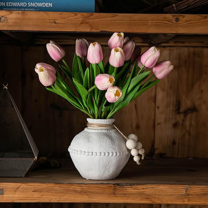 Rustic Ceramic Vase with Boho Wooden Beads, Matte Decorative Pottery for Modern Farmhouse and Bohemian Decor, Floral Arrangements, Bedroom, Shelf, or Side Table Accents