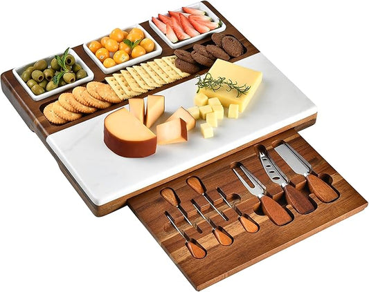 Shanik Marble & Acacia Wood Cheese Board Set – Includes 3 Ceramic, Stainless Steel – Charcuterie Platter Gift for Entertaining