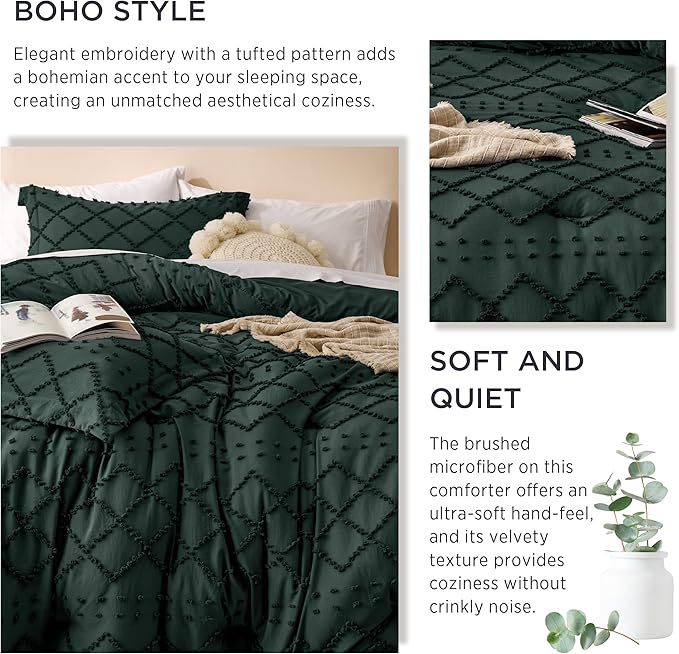 Bedsure California King Comforter Set - Forest Green Comforter, Boho Tufted Shabby Chic Bedding for Kids, 3 Pieces Vintage Farmhouse Bed Set for All Seasons, Fluffy Soft Bedding with 2 Pillow Shams