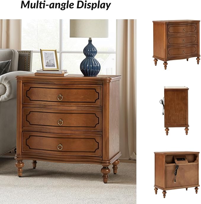 HULALA HOME Wood Nightstands Set of 2 with Charging Station for Bedroom, 3 Drawers Traditional Nightstands, Side Table with Solid Wood Legs, USB Ports & Three-Prong Plugs, Walnut