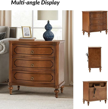 HULALA HOME Wood Nightstands Set of 2 with Charging Station for Bedroom, 3 Drawers Traditional Nightstands, Side Table with Solid Wood Legs, USB Ports & Three-Prong Plugs, Walnut