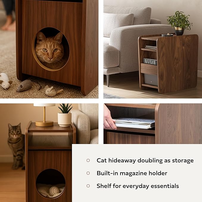WERMO 12'' Cat Hideaway Side Table - Cat House for Indoor Cats and Enclosed Bed Cave and Hideout for Small Pets with Magazine Holder & Storage Doubling as Narrow End Table, Wood Night Stand (Walnut)