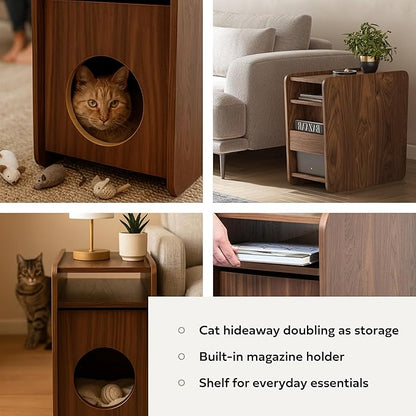 WERMO 12'' Cat Hideaway Side Table - Cat House for Indoor Cats and Enclosed Bed Cave and Hideout for Small Pets with Magazine Holder & Storage Doubling as Narrow End Table, Wood Night Stand (Walnut)