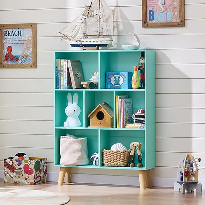 LEYAOYAO 7 Cube Bookshelf 3-Tier Bookcase with Legs, Mint-Green Kids Book Shelf Cute Storage Organizer, Toy Shelves Bookshelves,Wood Display Bookcases
