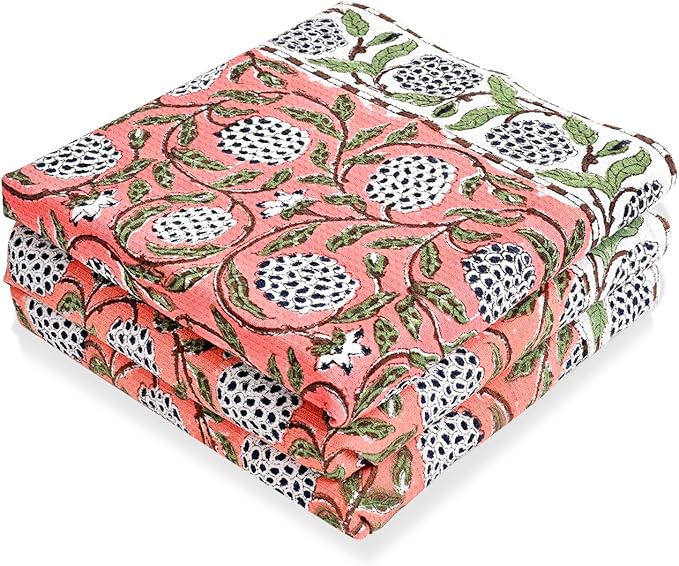 Ridhi Dark Salmon Pink Hand Block Print Waffle Kitchen Towel Set of 3-16 x28 Ultra Absorbent Quick Dry 100% Cotton Dish Towels Lightweight Reusable Sustainable Tea Towels for Cleaning and Drying
