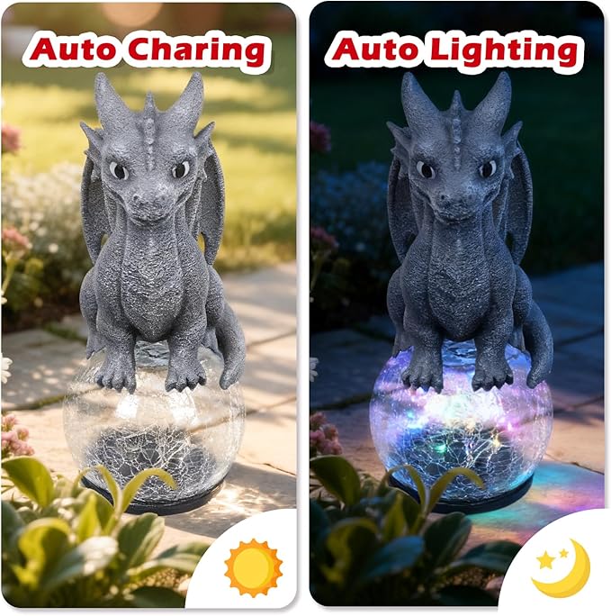 Baby Dragon Solar Garden Statue with Crackle Glass Globe Light - Whimsical Outdoor Fantasy Decor - Colorful LED Yard Ornament - Birthday for Dragon Lovers Kids Mom Grandma