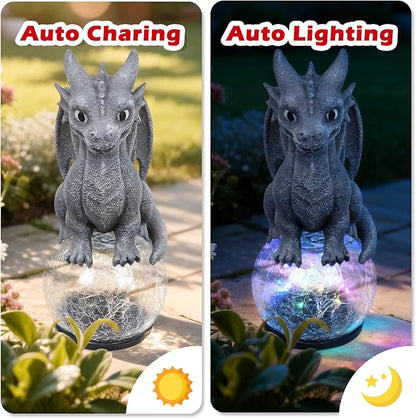 Baby Dragon Solar Garden Statue with Crackle Glass Globe Light - Whimsical Outdoor Fantasy Decor - Colorful LED Yard Ornament - Birthday for Dragon Lovers Kids Mom Grandma