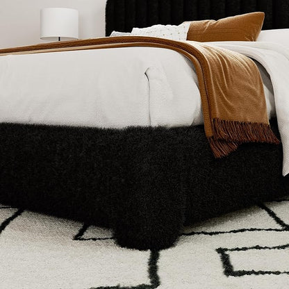Queen Size Boucle Bed Frame, Upholstered Cloud Platform Bed Frame with Adjustable Headboard, Vertical Tufted, Soft Rounded Corners, No Box Spring Needed, Noise Free Design, Easy Assembly, Black