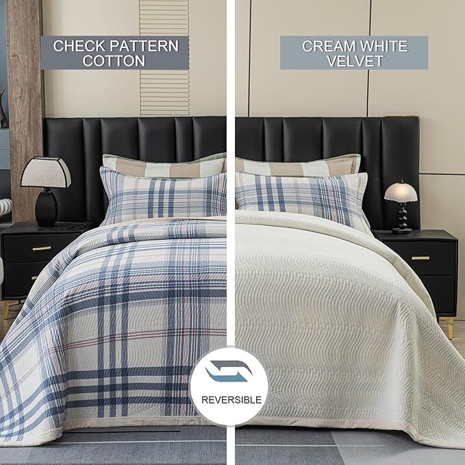 Cotton Plaid Quilt Set Queen 3 Piece Reversible Bedding, Grid Blue White