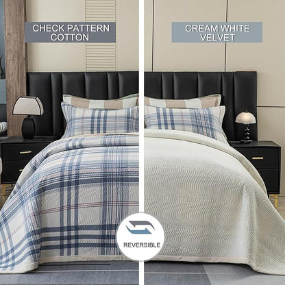 Cotton Plaid Quilt Set Queen 3 Piece Reversible Bedding, Grid Blue White