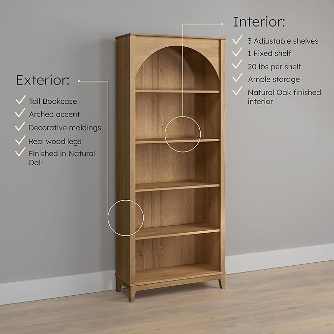 Prepac Ark 78" Tall 5-Tier Arched Bookcase in Natural Oak Veneer, Modern Storage Accent Bookshelf with 3 Adjustable Shelves for Home, Office, Living Room, Bedroom 78”H x 32”W x 13”D