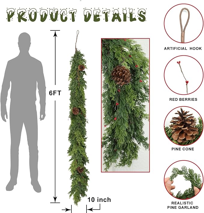 6 Ft Real Touch Christmas Garlands with Pine Cone,Thick and Lush，Bendable guirnaldas navideñas, Lifelike Pine Cedar Garland, Christmas Garland for Mantle,Indoor Outdoor Christmas Decorations