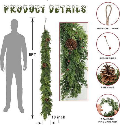 6 Ft Real Touch Christmas Garlands with Pine Cone,Thick and Lush，Bendable guirnaldas navideñas, Lifelike Pine Cedar Garland, Christmas Garland for Mantle,Indoor Outdoor Christmas Decorations